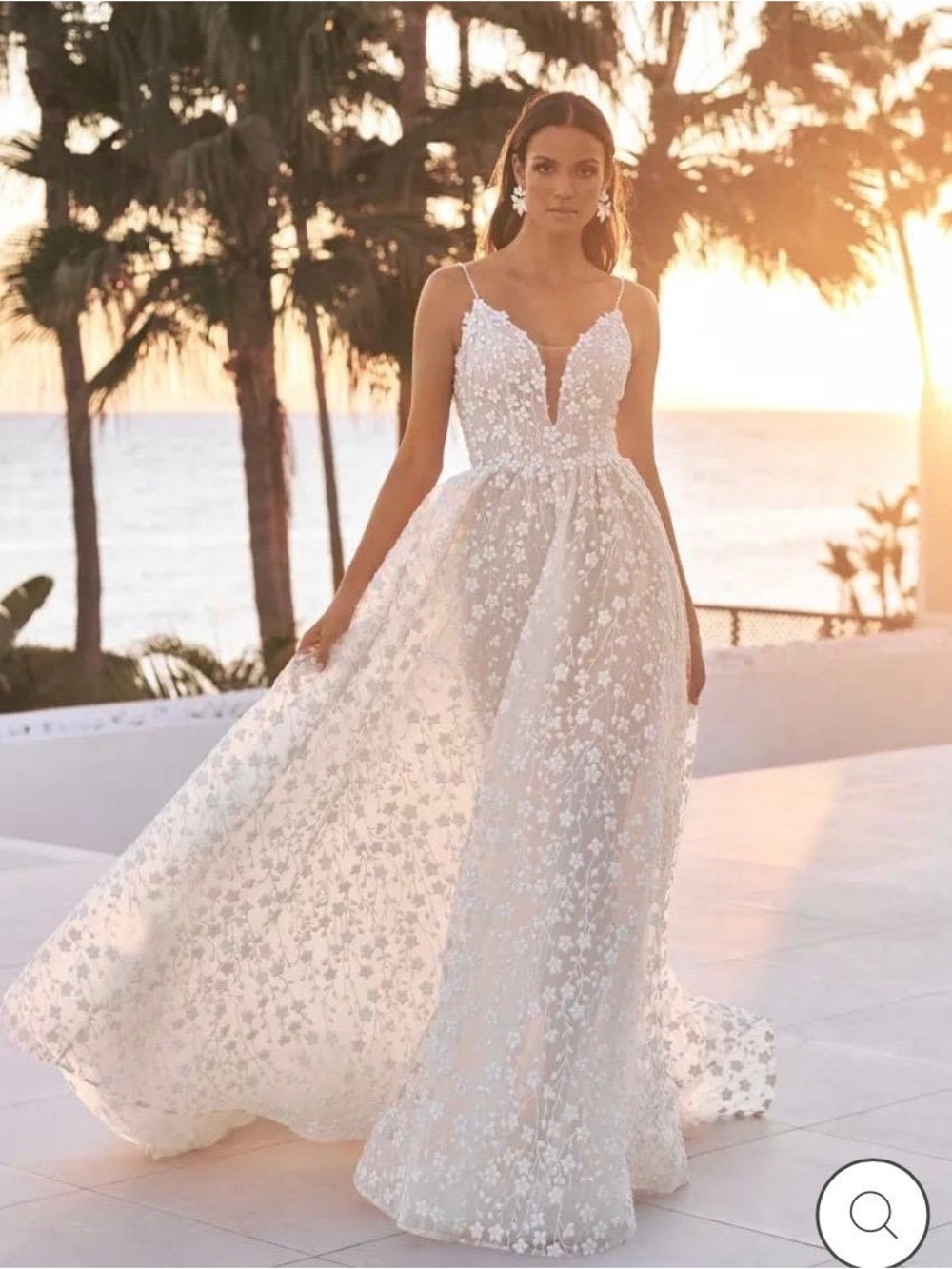 Pronovias Ivory Floral Lace Plunge A-Line Gown